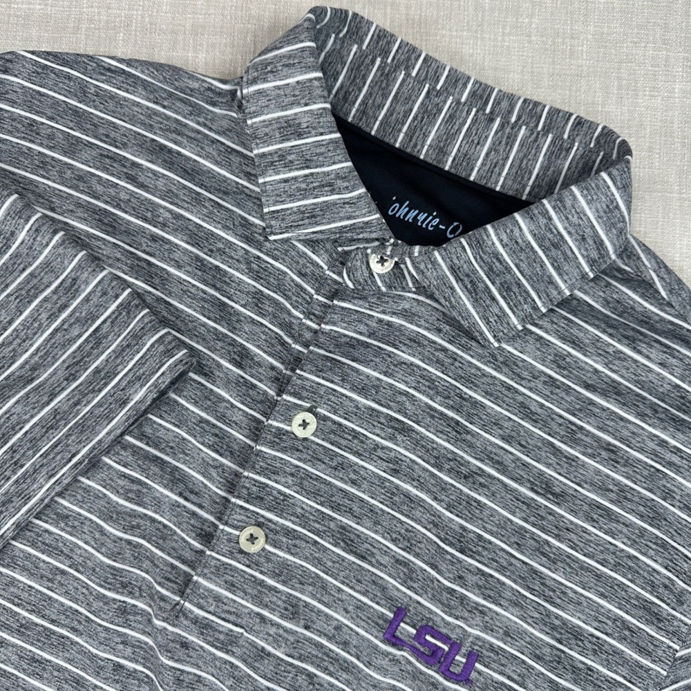 Johnnie-O Polo Shirt Mens Small Gray White Striped Newton LSU Tigers UPF50 Golf